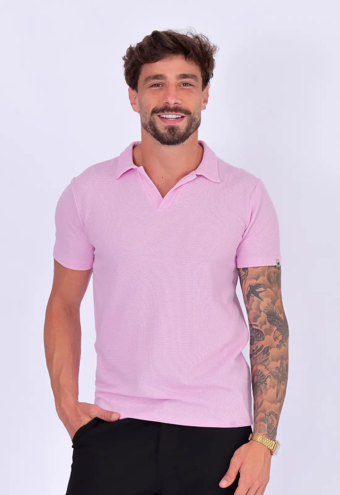 Camisa Polo Italiana Tricot Rosa Claro