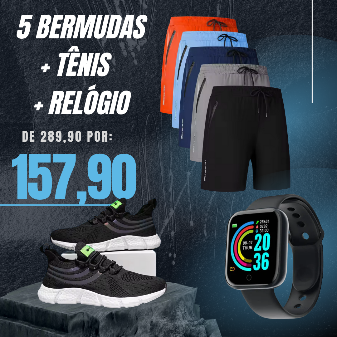 PROMOÇÃO DE PRE BLACK FRIDAY - 5 BERMUDAS + TÊNIS ESPORTIVO + RELÓGIO ESPORTIVO