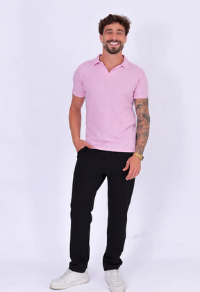 Camisa Polo Italiana Tricot Rosa Claro
