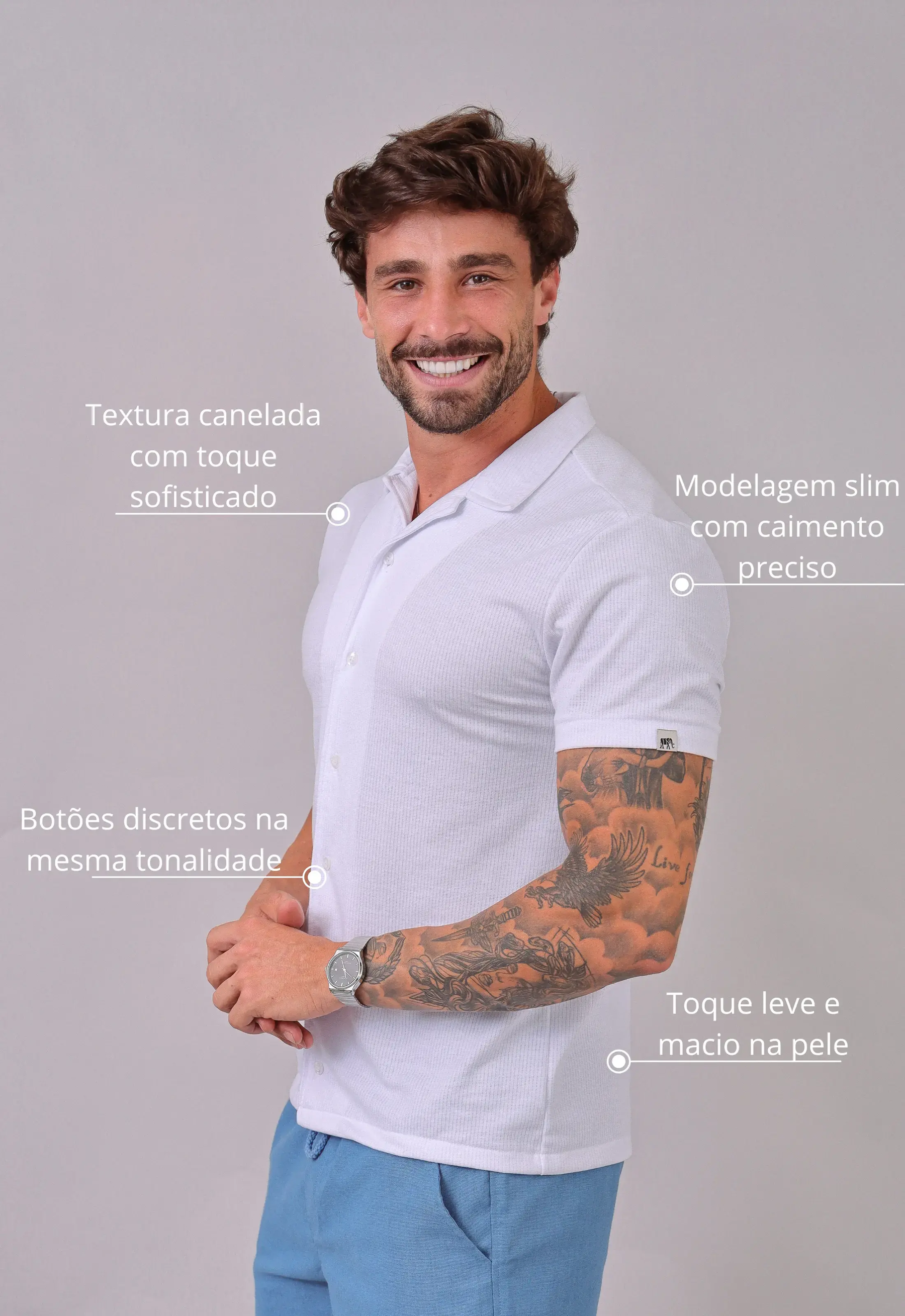 Camisa Masculina Slim Canelada Branca