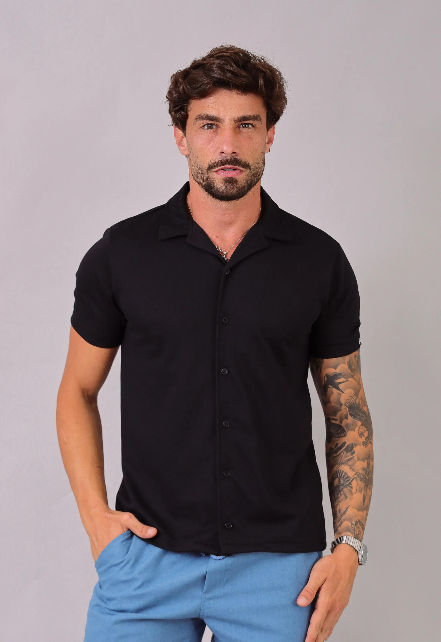 Camisa Masculina Slim Canelada Preta