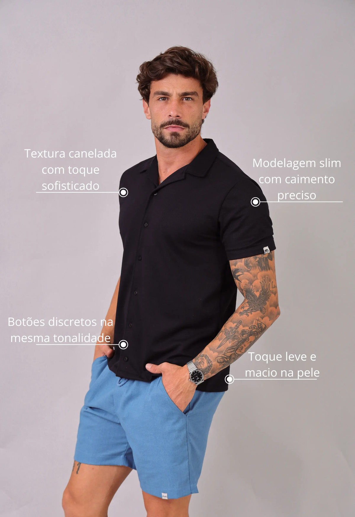 Camisa Masculina Slim Canelada Preta