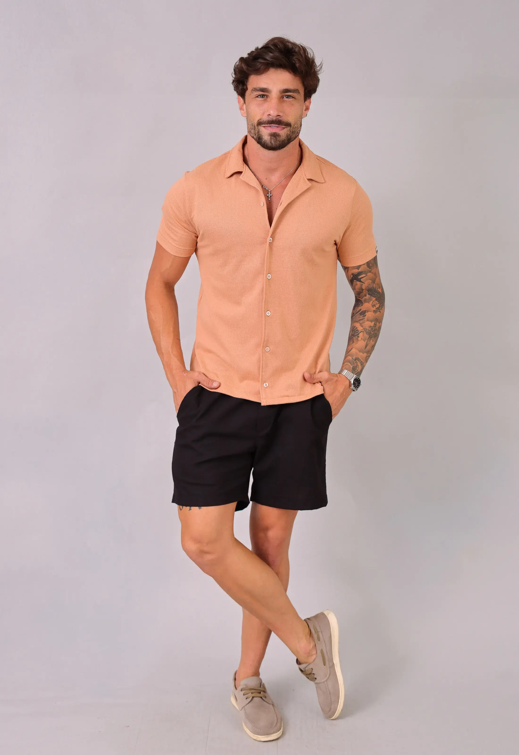 Camisa Masculina Slim Canelada Bege
