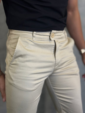 CALÇA SARJA ACETINADA PONTO H BEGE