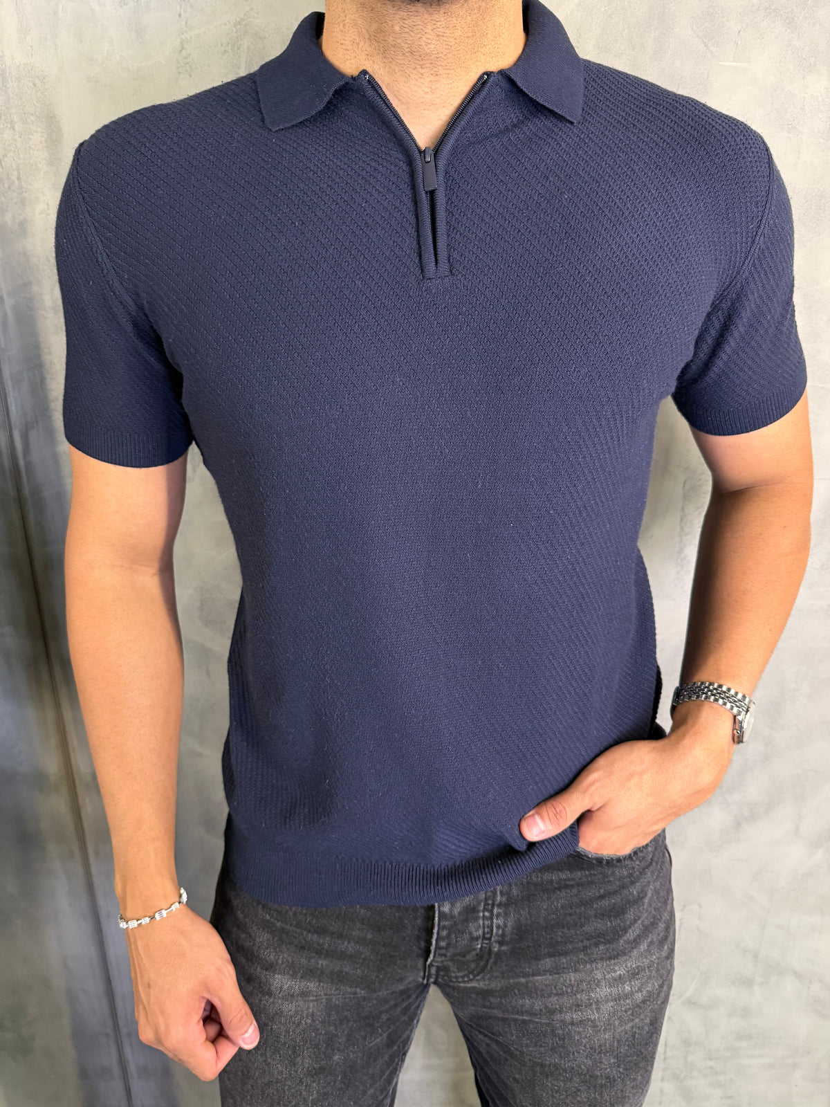 POLO TRICOT ZIPER TEXTURIZADA PONTO H