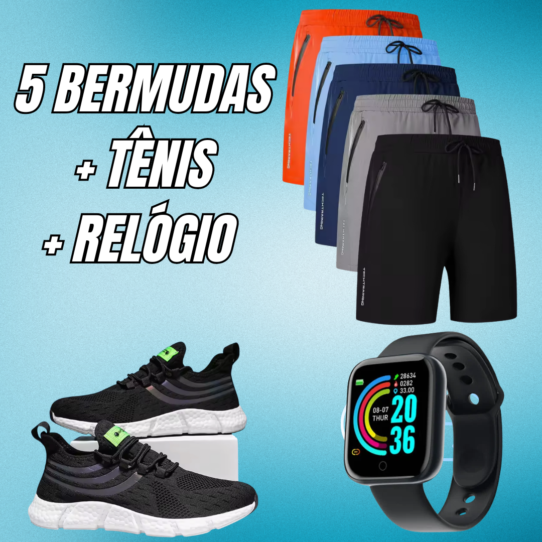 PROMOÇÃO DE PRE BLACK FRIDAY - 5 BERMUDAS + TÊNIS ESPORTIVO + RELÓGIO ESPORTIVO